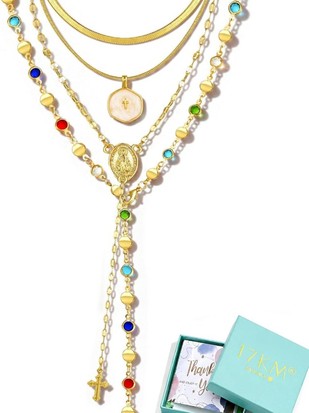 4PCS Layered 18K Gold Plated Long Necklaces for Women - Colorful Y Design